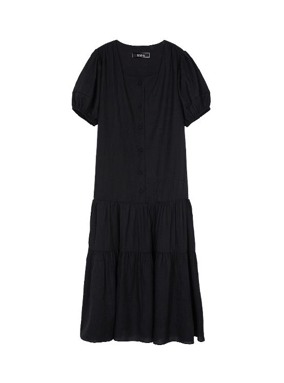 Heart Neck Wrinkle Long Dress in Black VW1MO040-10