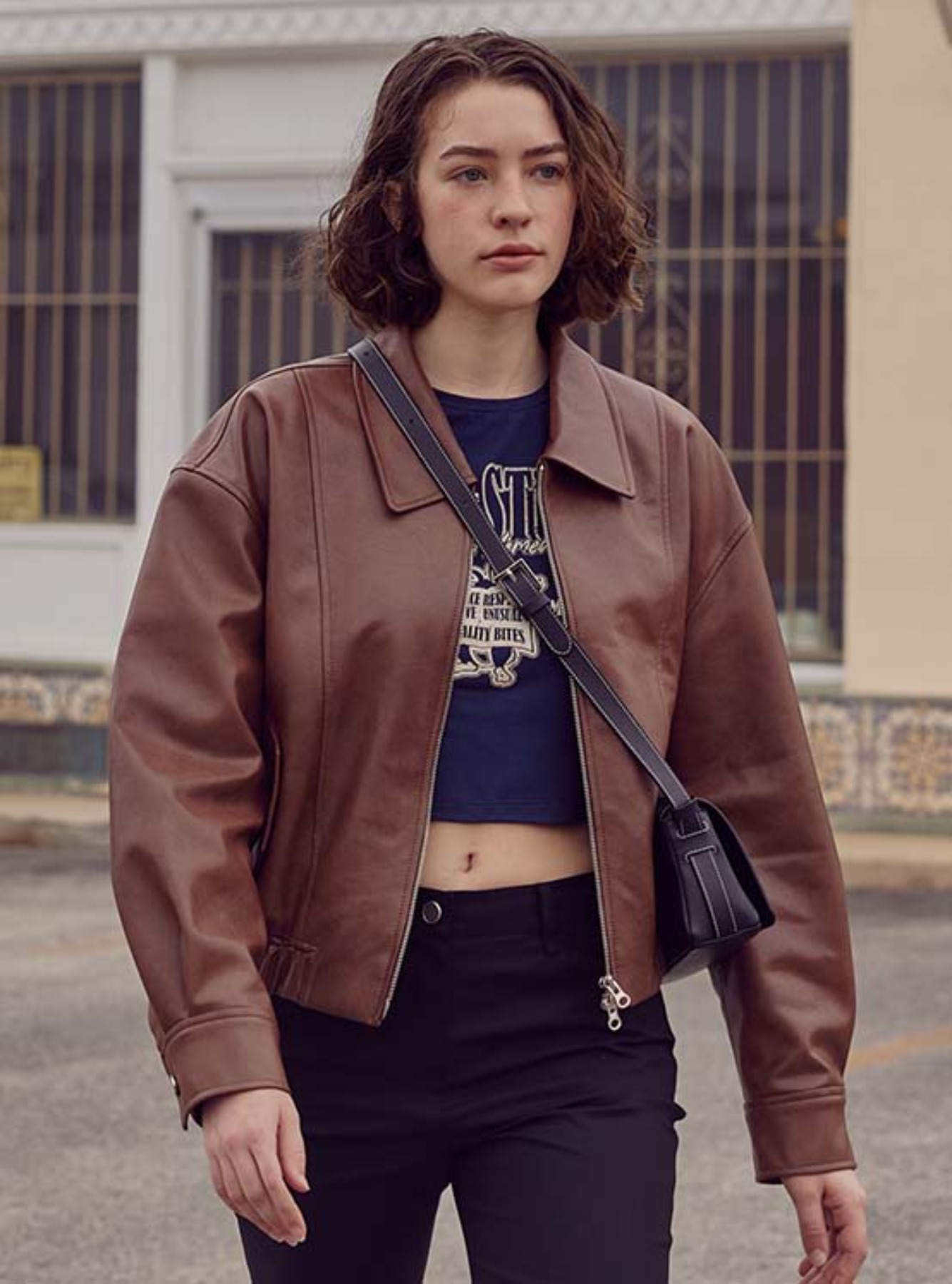Faux Leather Cropped Blouson Jacket in D/Brown VL3SM120-94